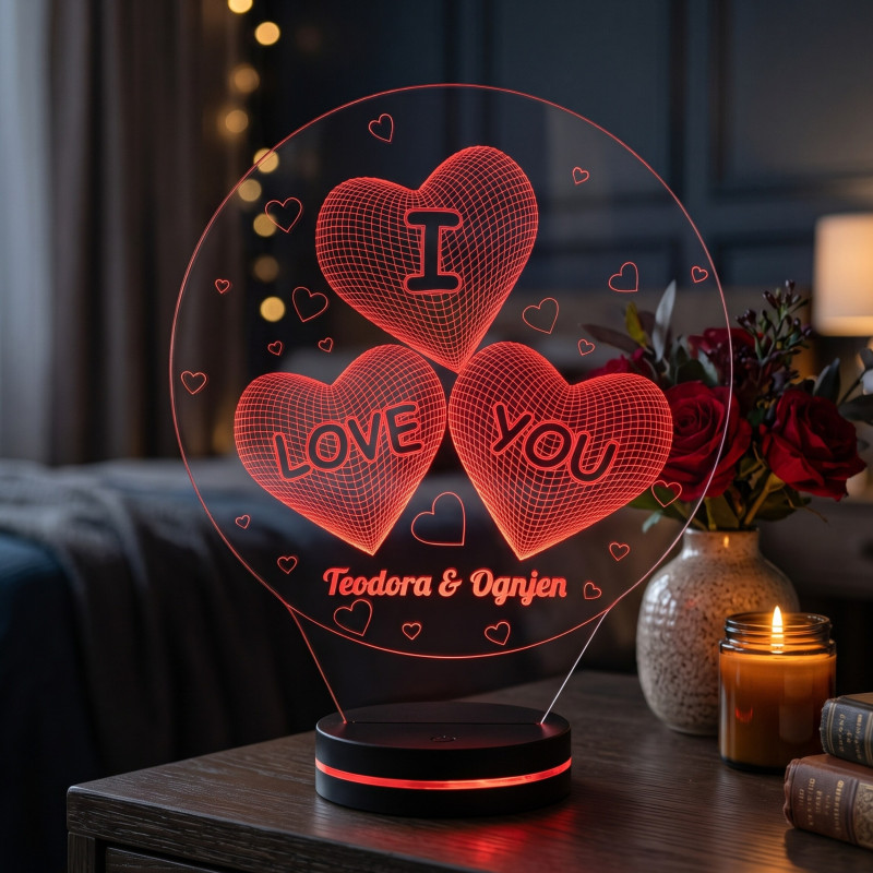 3D LED lampa I Love You sa tri srca
