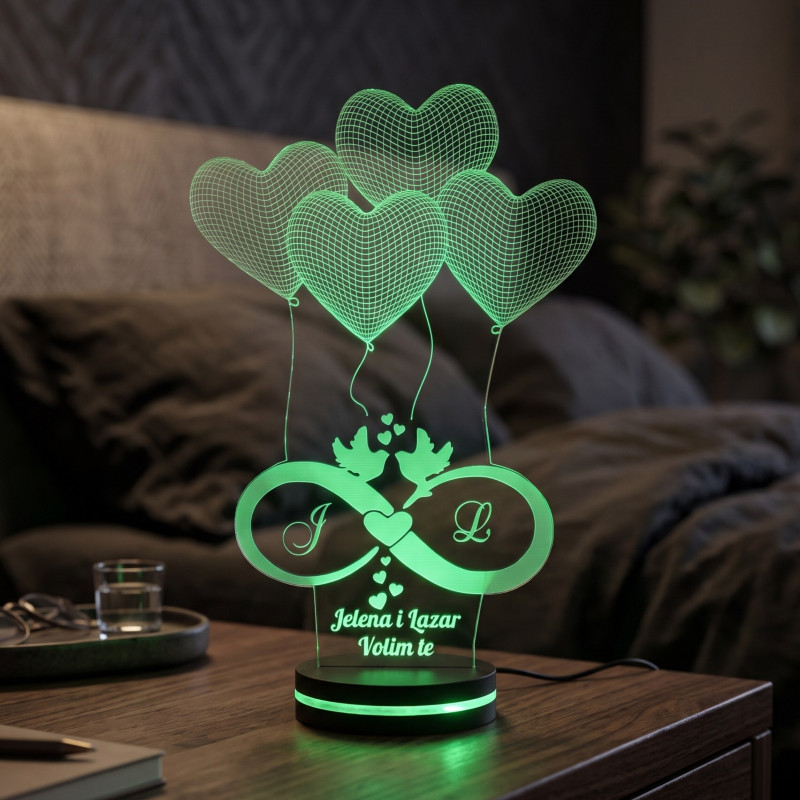 3D LED lampa Beskonačna ljubav sa balonima srca