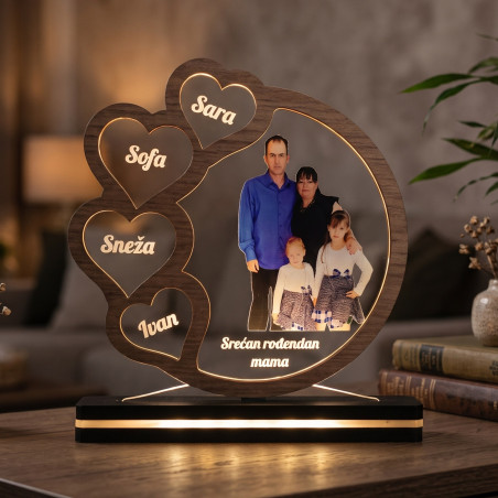 3D LED lampa Porodična srca sa fotografijom